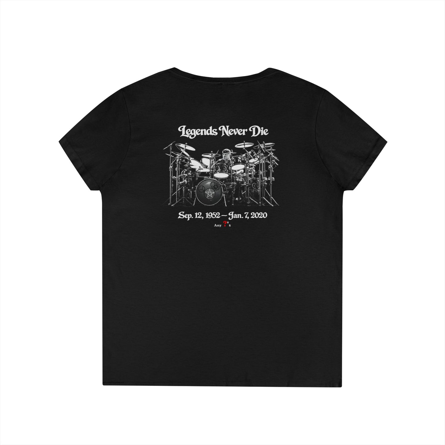 Neil Peart Tribute V-Neck T-Shirt — "Legends Never Die" Drumset Memorial